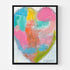 Wish Upon a Heart art print: a heart of soft patches of sky blue, teal, sunshine yellow, hot pink and coral with a lime-green stroke along one edge and a scribbled gray outline, in a black frame