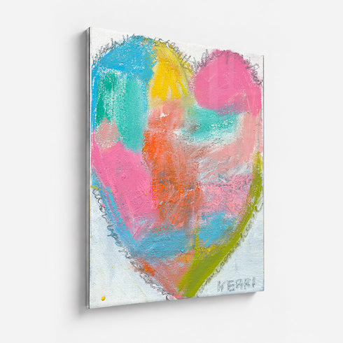 Wish Upon a Heart art print: a heart of soft patches of sky blue, teal, sunshine yellow, hot pink and coral with a lime-green stroke along one edge and a scribbled gray outline, mounted under plexi with a frameless finish