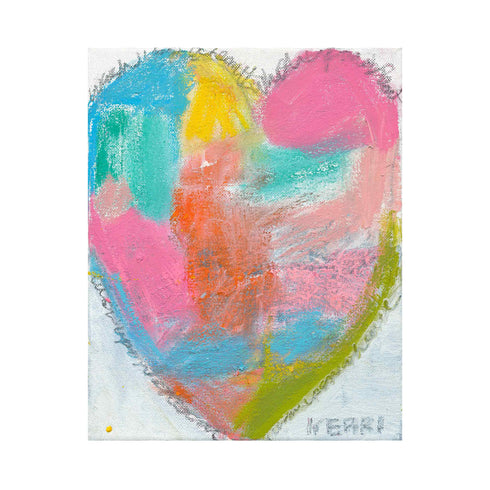 Wish Upon a Heart art print: a heart of soft patches of sky blue, teal, sunshine yellow, hot pink and coral with a lime-green stroke along one edge and a scribbled gray outline, signed Kerri, shown as an unframed print