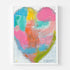 Wish Upon a Heart art print: a heart of soft patches of sky blue, teal, sunshine yellow, hot pink and coral with a lime-green stroke along one edge and a scribbled gray outline, in a white frame