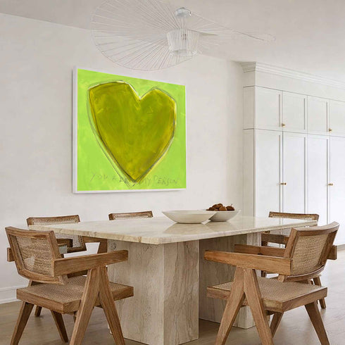 You Are My Person art print: an olive-yellow heart with a pencil outline on a bright lime-green background, with "You Are My Person" hand-written below it in pencil, hung in a room setting
