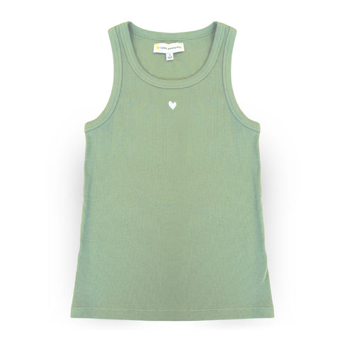 The KR army green ribbed tank top in a cotton blend with a contrast embroidered heart - Shop cute women’s tank tops by Kerri Rosenthal