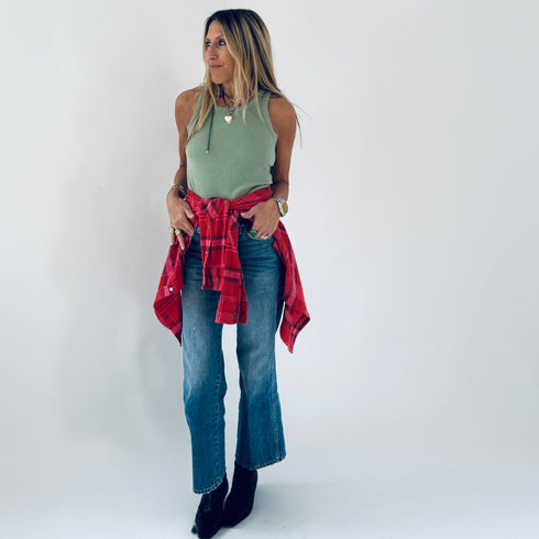 The KR army green ribbed tank top in a cotton blend with a contrast embroidered heart - Shop cute women’s tank tops by Kerri Rosenthal