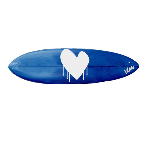 Painterly blue surfboard with heart art, handmade in USA by kerri rosenthal