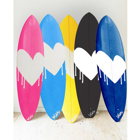 Colorful artistic surfboard with drippy heart design surfable or wall art.