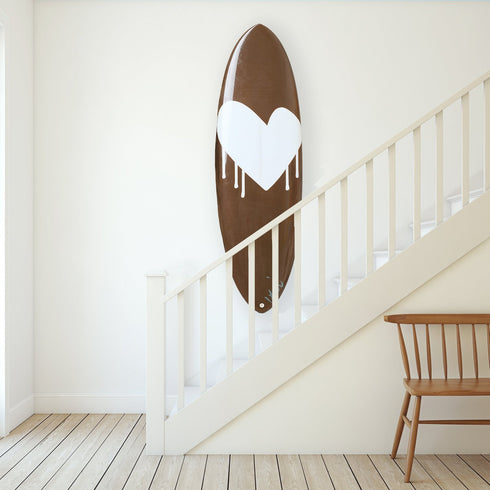 Artisan surfboard with brown and white heart art. Perfect for home decor by Kerri Rosenthal