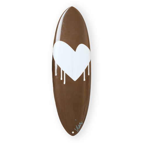 Brown coco surfboard with white drippy heart for surfing and wall artwork. Perfect for home decor by Kerri Rosenthal
