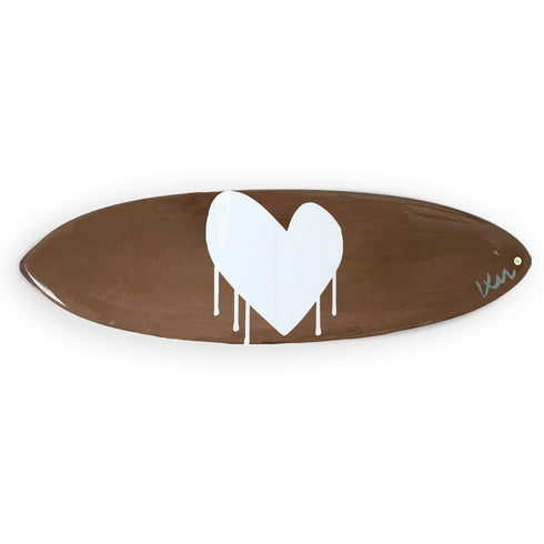 Decorative surfboard in cocoa with signature drippy design by Kerri Rosenthal