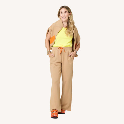 KR cotton blend ribbed yellow tank top with camel sweatshirt and sweatpant by Kerri Rosenthal