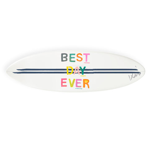 Artistic surfboard with cheerful lettering design by kerri rosenthal