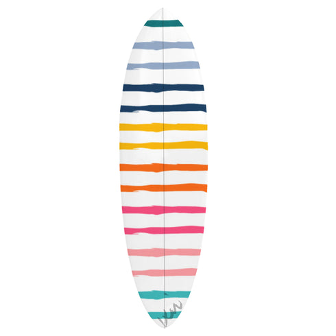 Rainbow Stripe Art on Surfboard, colorful surfboards for surfing, and wall artwork. Coastal Home Decor by Kerri Rosenthal