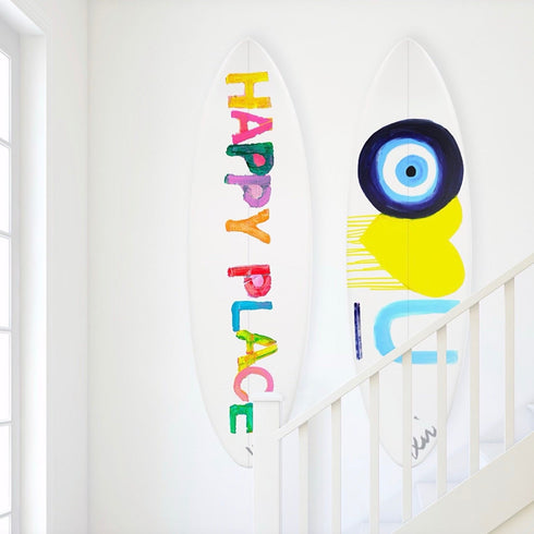 Cute white painted happy place wall decor surfboard - Surfboards wall decor by Kerri Rosenthal
