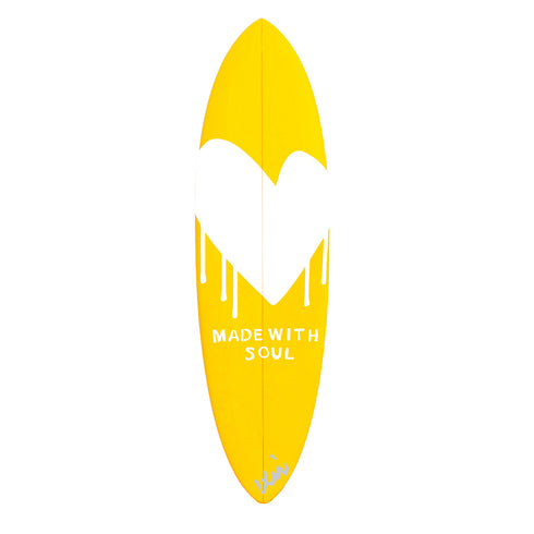 Decorative yellow surfboard art made in a real surf shop for authentic beach vibes by Kerri Rosenthal.