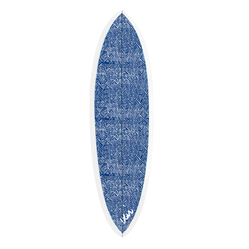Denim Blue surfboard by Kerri Rosenthal, handmade and signed with a soft, cool-toned finish perfect for wall or surf.