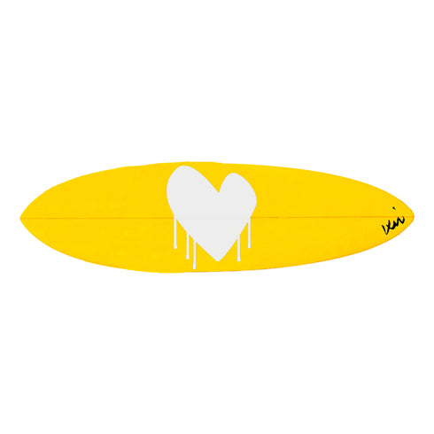 Bright yellow surfboard with a white heart shaped design that resembles dripping paint or wax.