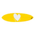 Bright yellow surfboard with a white heart shaped design that resembles dripping paint or wax.