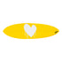 Bright yellow surfboard with a white heart shaped design that resembles dripping paint or wax.