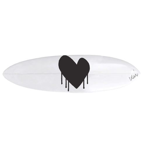 Handmade monochrome surfboard with dripping heart art by kerri rosenthal