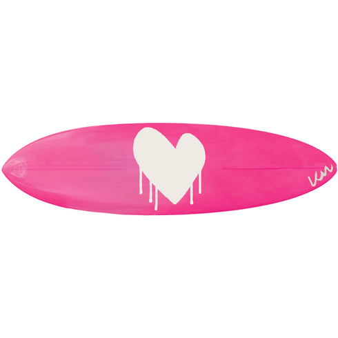 Hot pink and white reverse Drippy Heart surfboard by kerri rosenthal