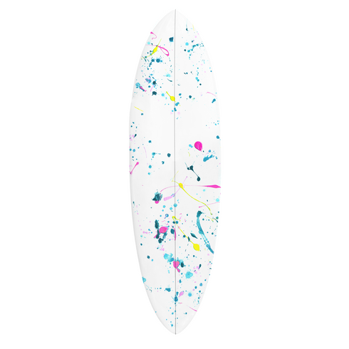 A striking decorative surfboard that captures the motion of ocean waves through abstract azure brushstrokes.