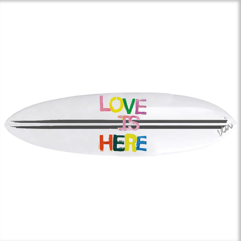 The colorful typography and playful energy of this surfboard make it perfect for modern, love-filled spaces.