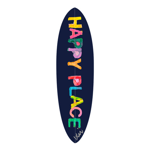 Happy Place vibrant word art on Surfboard, colorful word with navy blue ground surfboard for surfing and wall artwork Perfect for home decor by Kerri Rosenthal
