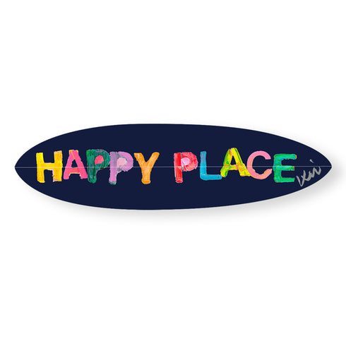 Wall-mountable surfboard with bright text on dark blue by Kerri Rosenthal
