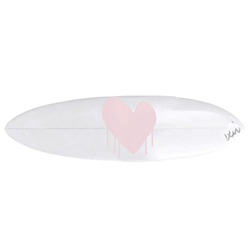 Surfboard with bright pink and white heart design by Kerri Rosenthal