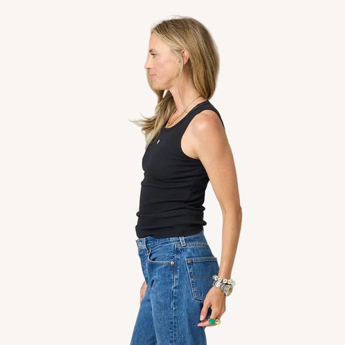 KR ribbed black tank top in cotton blend with a tiny embroidered heart - Shop women's tank tops by Kerri Rosenthal