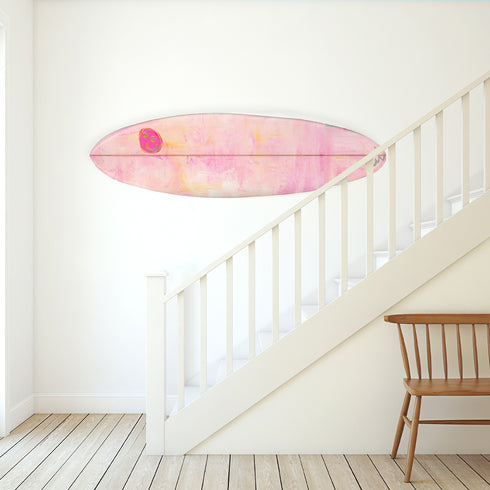 Decorative pink surfboard with Find Happy lettering by kerri rosenthal