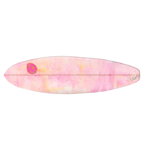 Pink surfboard with abstract spray painted pattern and a smiley logo at the top