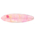 Pink surfboard with abstract spray painted pattern and a smiley logo at the top