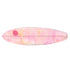 Pink surfboard with abstract spray painted pattern and a smiley logo at the top