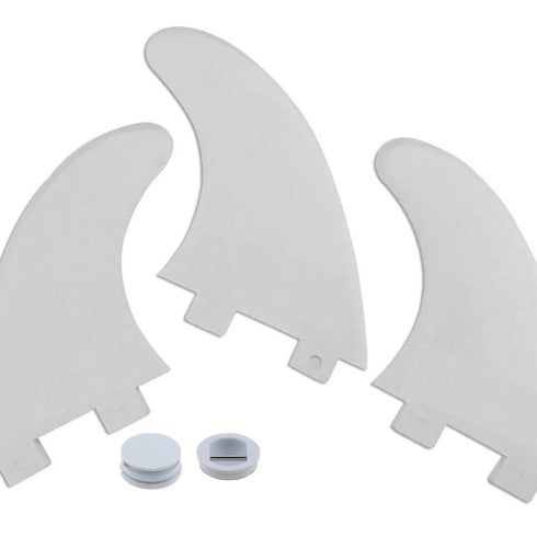 A set of three white surfboard fins and two associated screws, displayed against a white background.