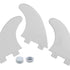 A set of three white surfboard fins and two associated screws, displayed against a white background.