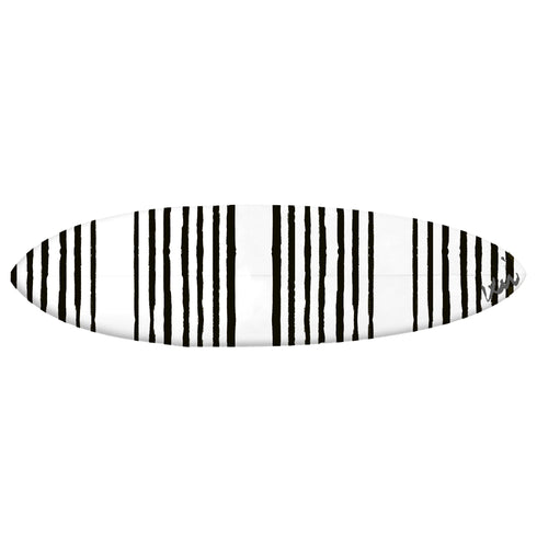 This black and white surfboard with stripes is ideal for collectors, decorators, and surfers looking for stylish and functional surf-inspired art.