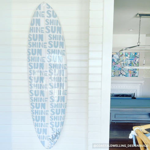 Blue white Sunshine surfboard by Kerri Rosenthal with bright, beachy colors handmade, signed, and ready to hang or surf.