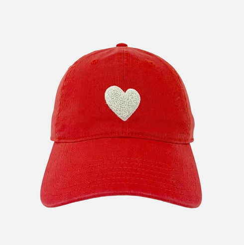 KR white chenille heart on cherri red baseball cap hat made from 100% cotton with an adjustable strap - Shop cute heart baseball caps by Kerri Rosenthal