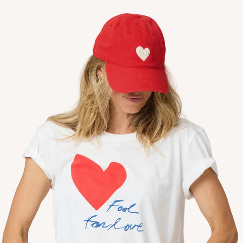 KR white chenille heart on cherri red baseball cap hat made from 100% cotton with an adjustable strap - Shop cute heart baseball caps by Kerri Rosenthal