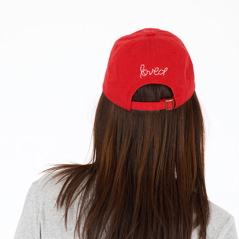 KR white chenille heart on cherri red baseball cap hat made from 100% cotton with an adjustable strap - Shop cute heart baseball caps by Kerri Rosenthal