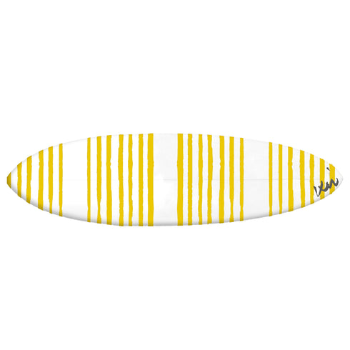 Designer surfboard with stripes, ideal for coastal home decor