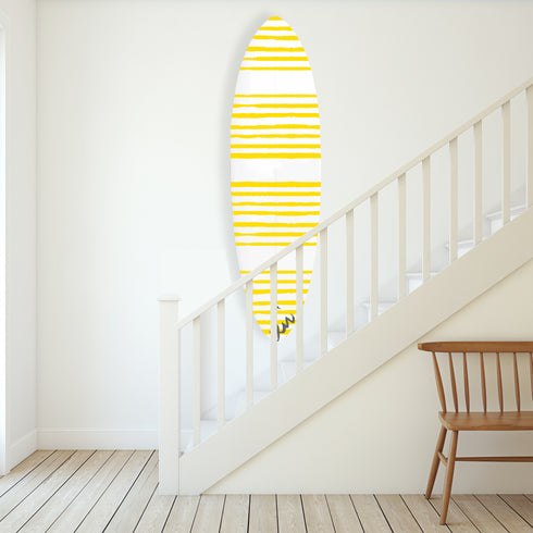 Surfboard designs Modern white ground with yellow stripe on stripe sunshine decor surfboard by kerri rosenthal