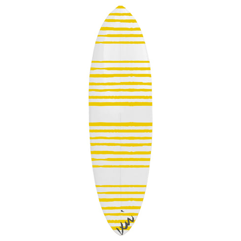 Modern white ground with yellow stripe on stripe sunshine decor surfboard by kerri rosenthal