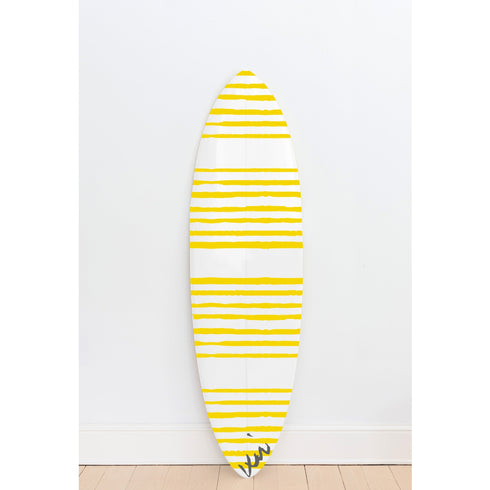 Cute white ground with yellow stripe on stripe sunshine decor surfboard by kerri rosenthal