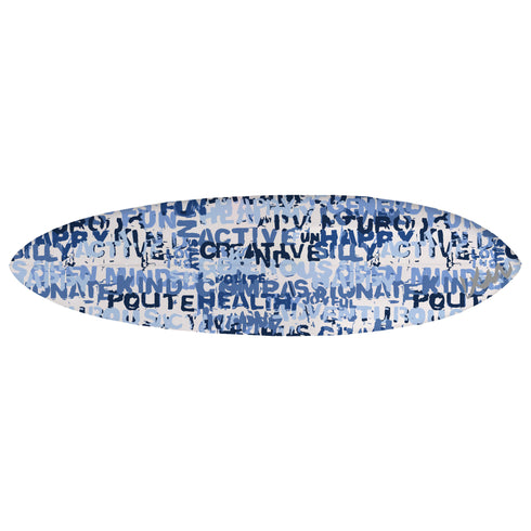 With a bold word-based design, this handmade surfboard can be hung vertically or horizontally using the watertight plugs on its underside.