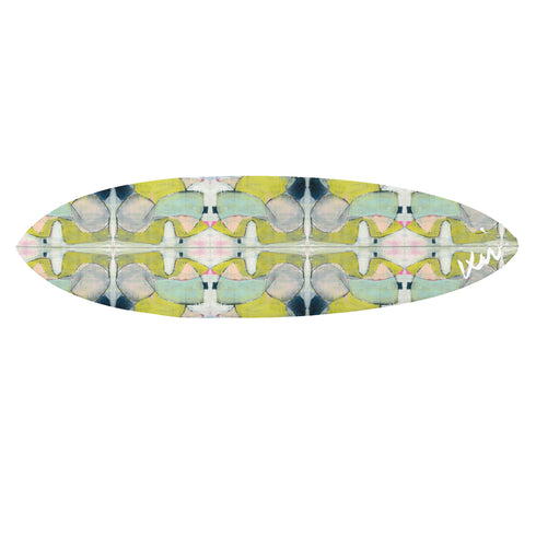 The Sassy Surfboard by Kerri Rosenthal features an abstract modern design in yellow, green, blue, grey, and white, ideal for wall display or surfing.