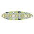 The Sassy Surfboard by Kerri Rosenthal features an abstract modern design in yellow, green, blue, grey, and white, ideal for wall display or surfing.