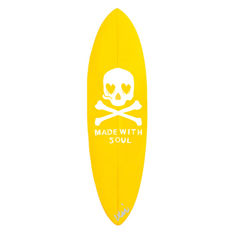 Yellow decorative surfboard designed by Kerri Rosenthal adds bold, artistic flair to any space.