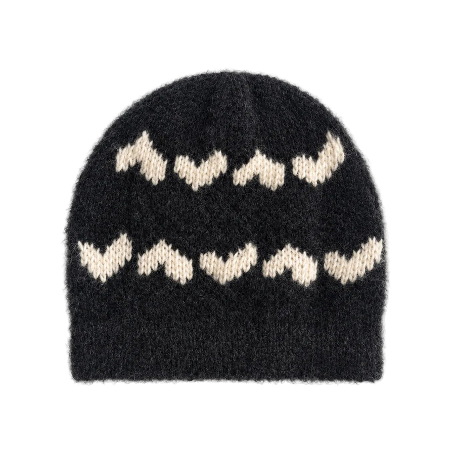 Flat view of the Ker-Isle Beanie in washed black multi with a fair isle knit and ribbed brim