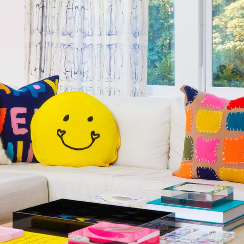 Yellow ground with solar black planet smiley cute decorative throw pillows by Kerri Rosenthal